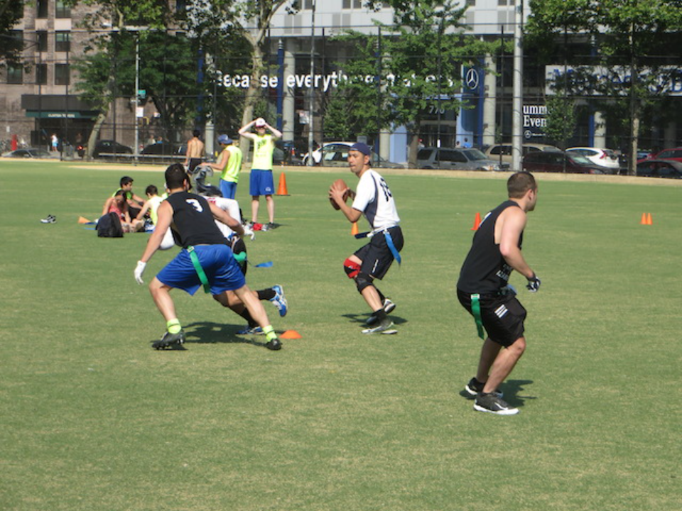 Outdoor flag football action scene
