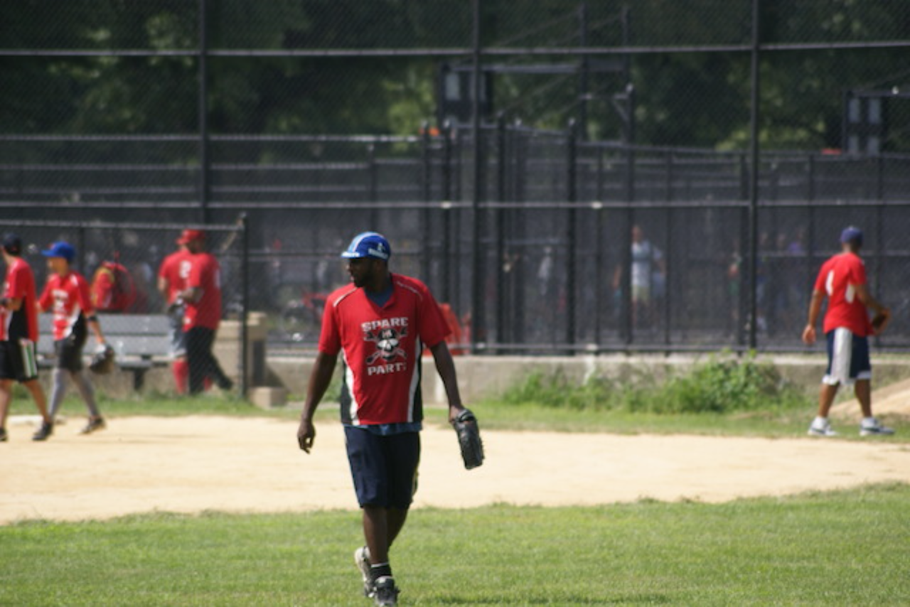 Baseball players in red shirts