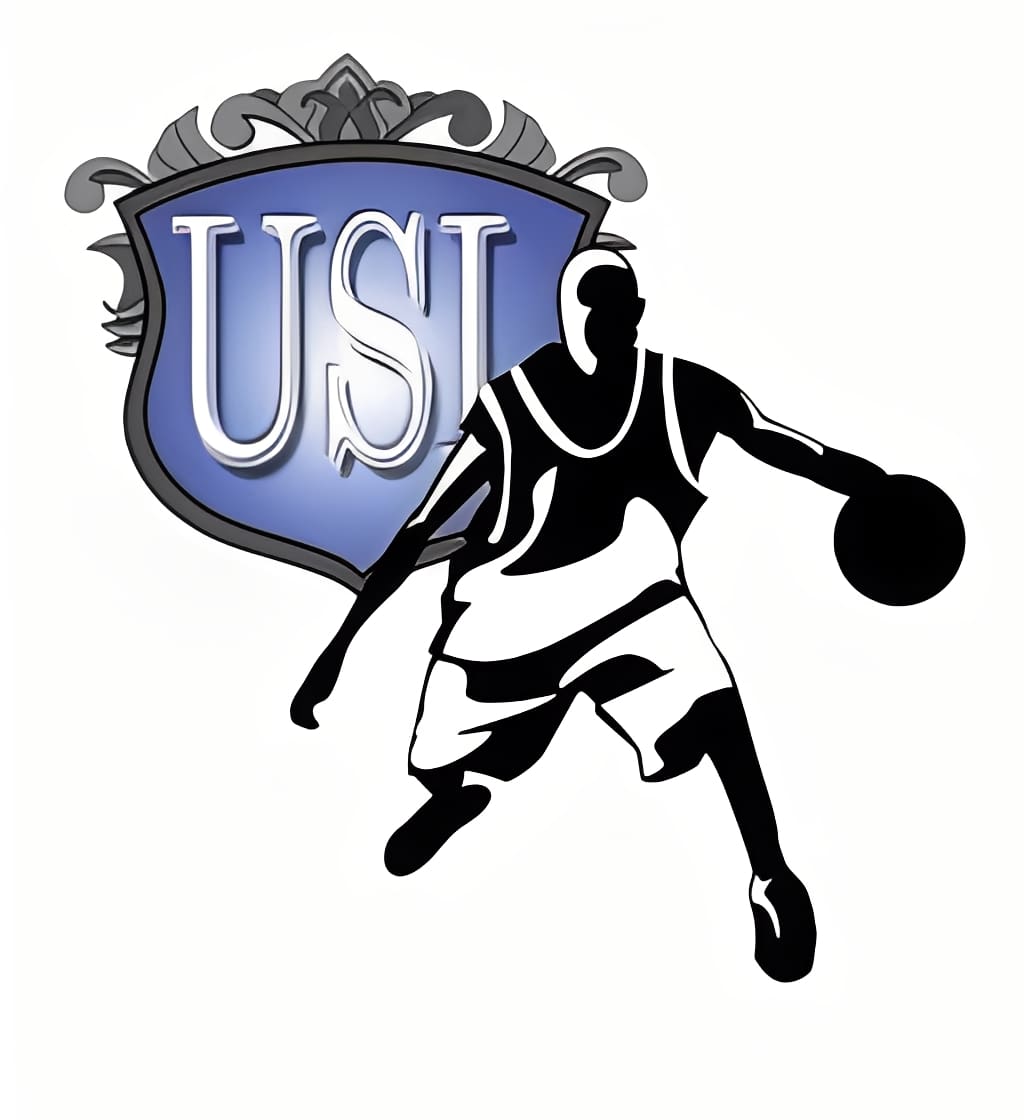 Silhouette dribbling basketball over USI emblem