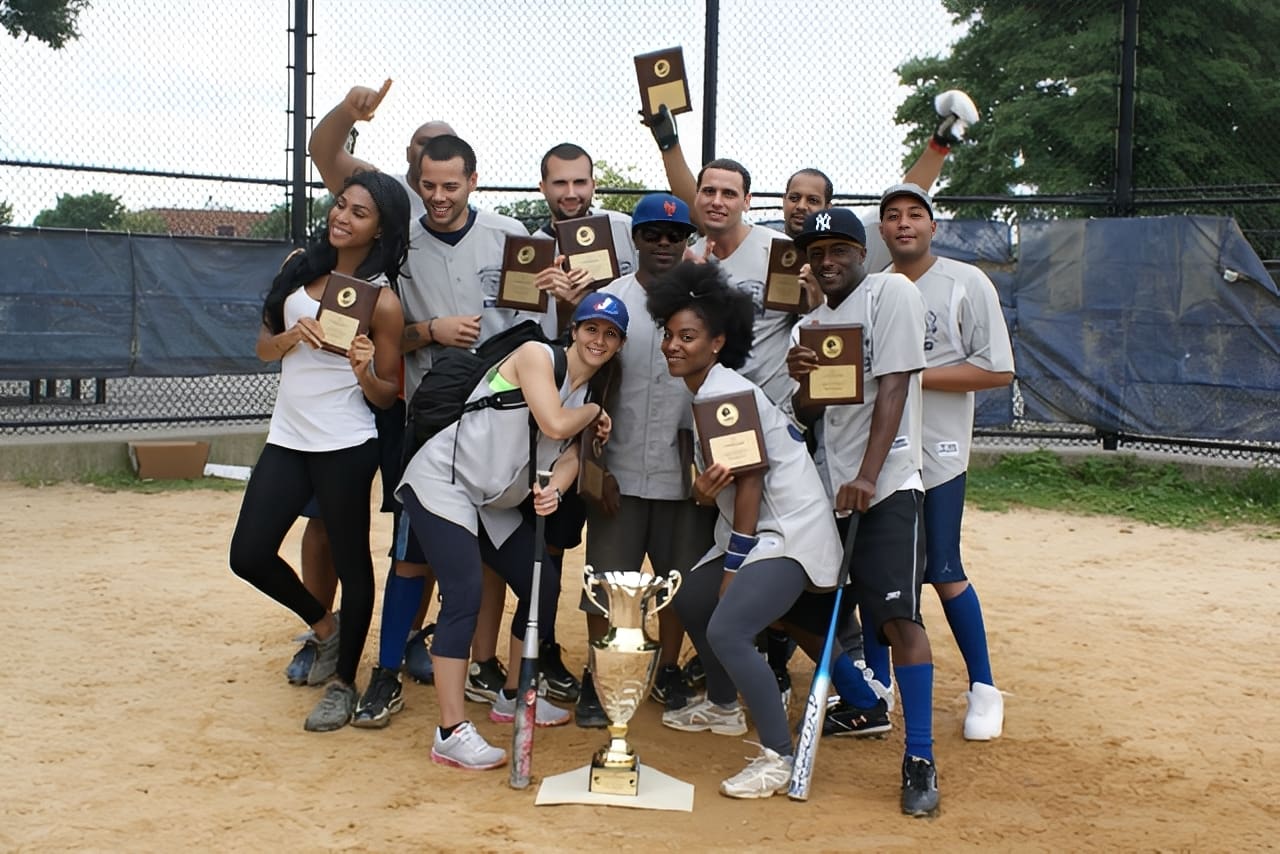 Winning team posing with awards
