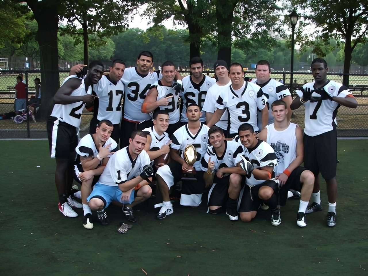 Football team celebrating with trophy